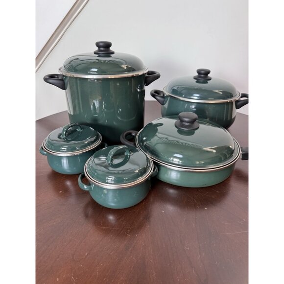Megaware Enamel Green Pot Pan Lid 10pc Set Spain MINT - Picture 1 of 13